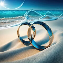 Two wedding rings sitting on top of a sandy beach