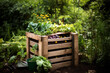 Outdoor compost box for reducing kitchen waste. Organic waste in garden composter, food leftovers, eco-friendly gardening, sustainability. Environmentally responsible, ecology