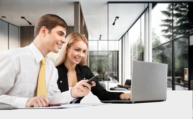 Poster - Business people discuss in an office, using a laptop, AI generated image