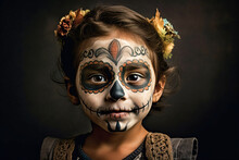 Generative AI Illustration Of Child In Skeleton Halloween Makeup Looking At Camera While On Black Background