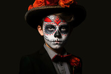Generative AI Illustration Of Kid With Hat In Skeleton Halloween Makeup Looking At Camera While On Black Background