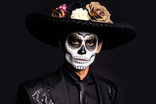 Generative AI Illustration Of Young Man With Hat In Skeleton Halloween Makeup Looking At Camera While On Black Background