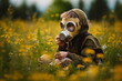 © Bonsales - Teen boy wearing gas mask squatting on field with yellow flowers. Generative AI.