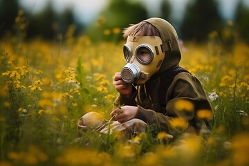 Teen boy wearing gas mask squatting on field with yellow flowers. Generative AI.