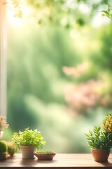 Wall Mural - Abstract Natural Spring Blurred garden leaves view from Living Room window with wooden table counter background for show, promote, Create light soft colors design banner ads on display concept, Genera