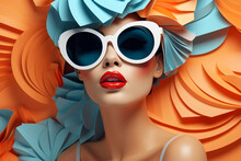 Beaut, Fashion, Travel, Summer And Vacation Concept. Retro Style Fashion Woman Wearing Trendy Sunglasses Portrait Illustration. Minimalistic Design In 3d Paper Art Style. Generative AI