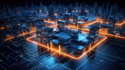 Abstract high-tech background with printed circuit board in shape of modern city at night with glowing connection lines