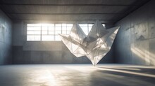Concrete Exhibition Hall With Huge Polygonal Origami Installation In Sunlight, Abstract Parametric Architecture Template