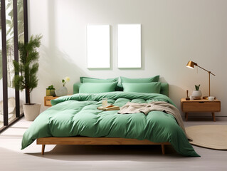 Wall Mural - Elegant house bedroom interiors green with photoframe mockup, AI Generated