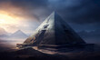 Mysterious pyramid illustration in mystical landscape of ancient civilization. Great mysterious pyramid against sunset. Ancient pyramid-shaped tomb of the sentinels of the past. Generative AI