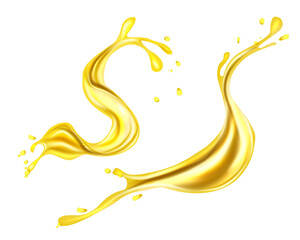 Orange, lemon juice or oil splashes, liquid yellow drink streams with drops. Vector realistic liquid waves of falling and flowing beer, orange, mango or lemon juice, oil, soda or honey