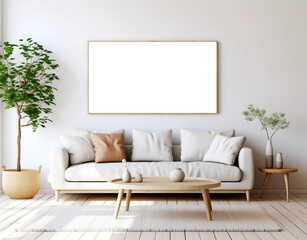 Wall Mural - Frames mockup, beige couch and frames mockup, living room photo mockup, picture frame template AI Generated