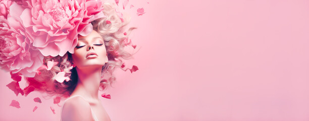 abstract woman portrait with flowers over head on pink background, fantasy in style barbie pink. con