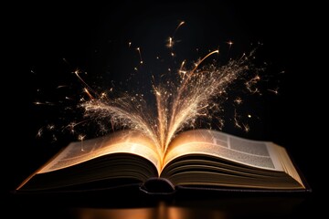 A magical book on a dark background with light and sparks, the Bible. Illustration, AI generation