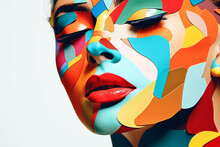 Beauty, Fine Art, Fashion Concept. Abstract Modern Art Collage Of Woman Portrait Made Of Various And Colorful Geometric Shapes. Generative AI