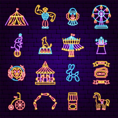 Wall Mural - Circus Show Neon Icons. Vector Illustration of Entertainment Festival Glowing Concept.