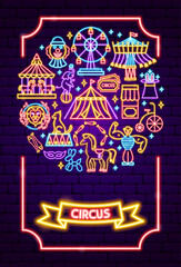 Poster - Circus Show Neon Poster. Vector Illustration of Entertainment Festival Glowing Concept.