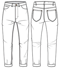 Men's denim jeans trouser pants front and back view flat sketch fashion illustration, five pockets denim pants vector template