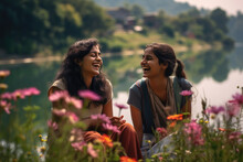 On Friendship Day, Two Friends Share A Heartfelt Moment By A Picturesque Lake, Ai Generated.