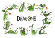 Collection of 12 Dragons isolated on white, horizontal card. Symbol of Chinese New Year 2024. Vector illustration