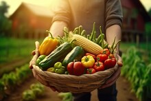 Farmer Holding Basket With Harvested Vegetables