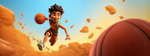 Young Basketball Player Boy Running And Dribbling While Training, Basketball Success And Championship In Cartoon Style Wide Banner With Copy Space Area