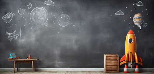 Wall Mural - small space rocket on blackboard wall: a captivating image of generative ai in action