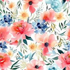 Wall Mural - Simple floral, watercolor. Seamless repeat pattern. Romantic garden flowers illustration. Generative AI