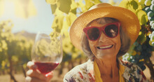 Lifestyle Portrait Of Elderly Woman Wearing Sunglasses And Sun Hat Tasting Red Wine In Vineyard