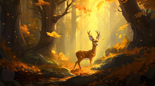 Enchanting Autumn Forest, Fairytale Creatures. Big Tree , Leaves