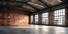 Industrial Loft Style Empty Old Warehouse Interior,brick Wall,concrete Floor And Black Steel Roof Structure