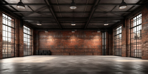industrial loft style empty old warehouse interior,brick wall,concrete floor and black steel roof st