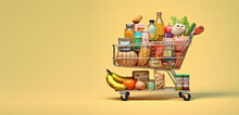 Grocery Cart With A Bunch Of Different Products Isolated On A Flat Background With Copy Space. A Lot Of Products, Grocery Supermarket Concept. 3d Render Illustration Style. 
