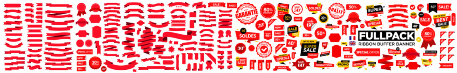 set of red ribbons, banners, badges, labels