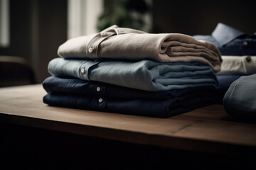 Close up of ironed and folded shirts on table