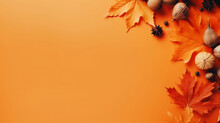 Autumn Leaves And Acorns On An Orange Background - Fall Thanksgiving Decor