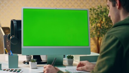 Wall Mural - Designer working chromakey computer drawing tablet office closeup. Man using pc