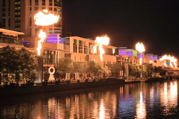 Gas brigades, show of fireballs released from towers along the Yarra Promenade. Melbourne-Australia-757