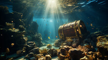 Beautiful Opened Empty Old Wooden Treasure Chest Submerged Underwater World With Anchor, Amphora And Light Rays, Close Up Generative AI