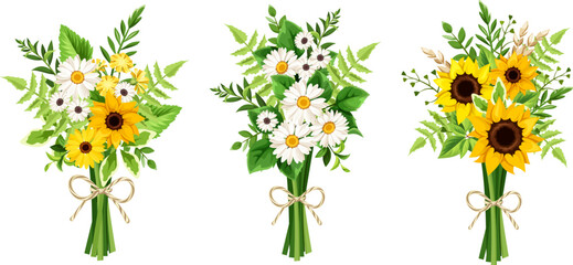 Wall Mural - Bouquets of sunflowers, daisy flowers, fern, and grasses isolated on a white background. Set of vector illustrations