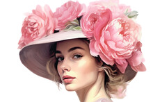 Portrait Of The Beautiful Woman In The Floral Hat. Vintage Hand Draw Illustration