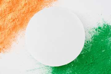happy india republic day concept. top view composition of green and saffron holi powder on white bac
