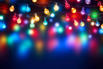 Christmas lights string on blue background with copy space