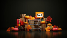 Discount Shopping Cart With Fall Products. Black Friday Sale In Supermarket. Autumn Celebration.