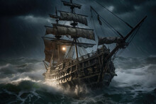 Haunted Pirate Ship Sailing Through Stormy Waters - Generative AI
