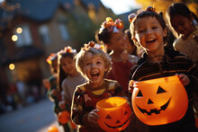 Children Trick-or-treating In A Vibrant Halloween Neighborhood - Generative AI