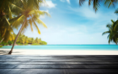 Poster - Wooden black table top on blur tropical beach background - can be used for display or montage your products. High quality photo