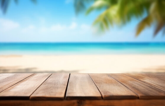 wooden table over blur tropical beach background, product display montage. high quality photo