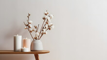 Stylish Table With Cotton Flowers And Aroma Candles Near Light Wall. Banner For Design