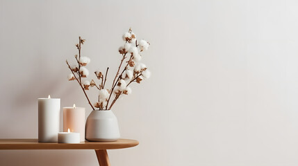 Wall Mural - Stylish table with cotton flowers and aroma candles near light wall. Banner for design